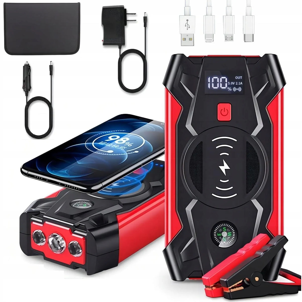 Galingas automobilinis paleidimo įrenginys „Power Bank“ su žibintu, 20 000 mAh, 12 V