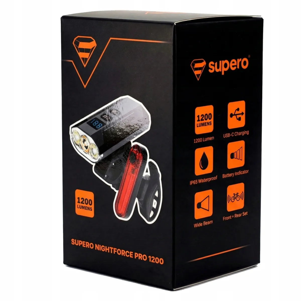 Galingas priekinis ir galinis dviračio žibintų komplektas 1200lm, išorinė baterija, USB-C