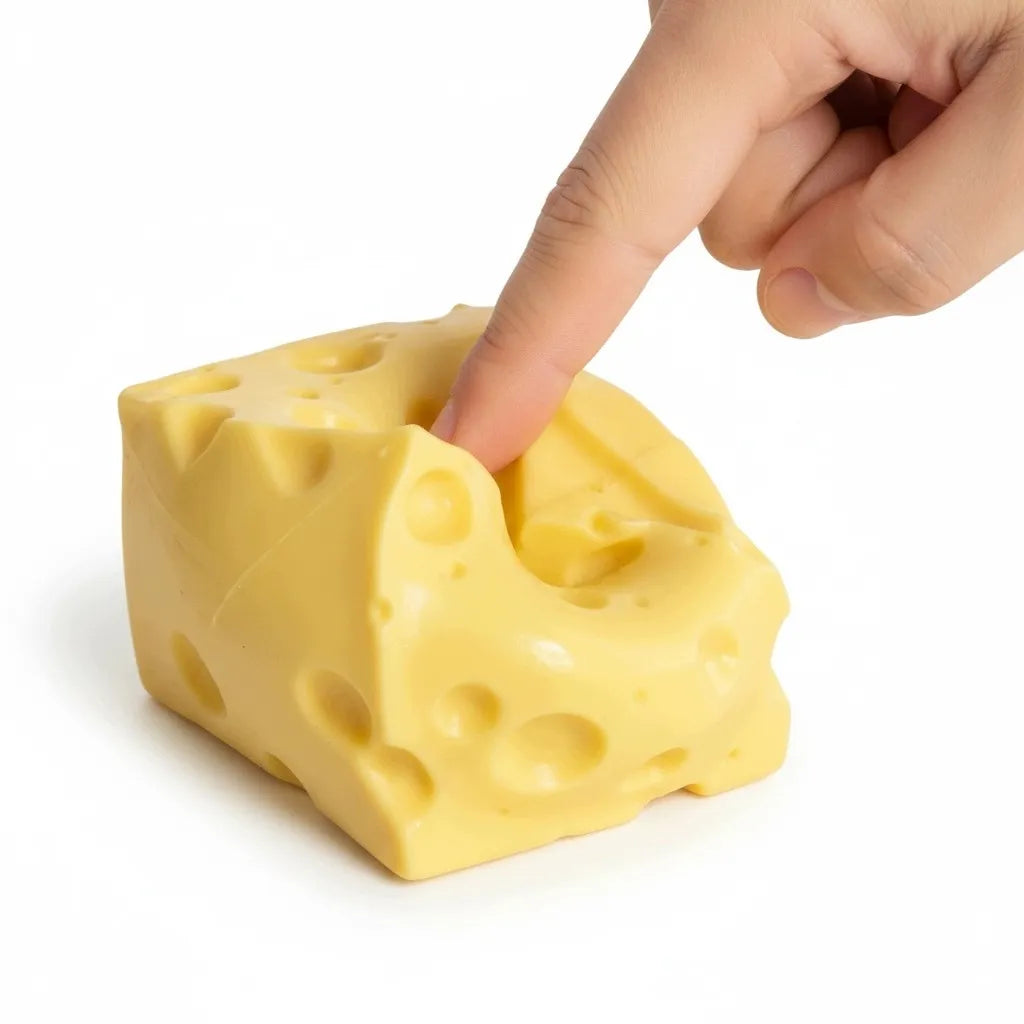 Geltonas sūrio kubelio vazelininis antistresinis gniuždukas Squishy XL, 5 cm