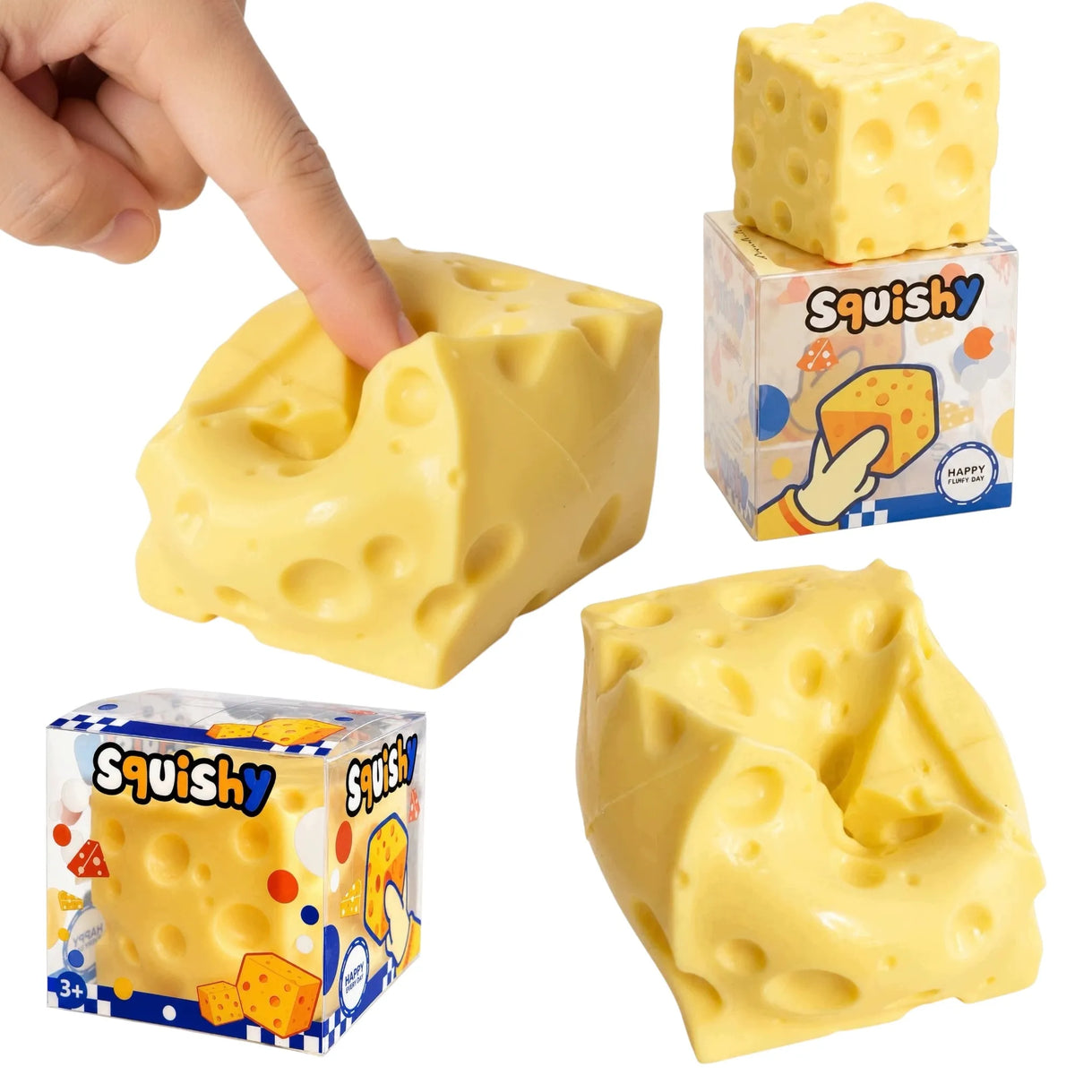 Geltonas sūrio kubelio vazelininis antistresinis gniuždukas Squishy XL, 5 cm