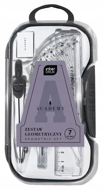 Geometrijos rinkinys Academy 7 elementų skriestuvas liniuotė kampainiai dėkle