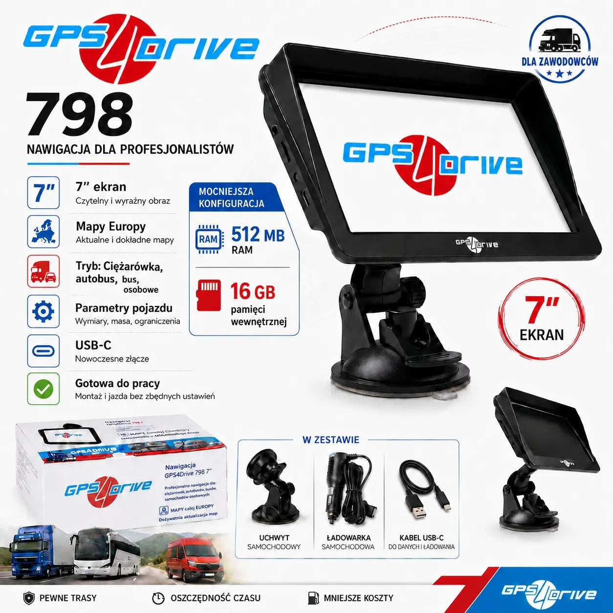 GPS navigacija 7" Truck EU sunkvežimiams TIR BUS autobusams ir lengviesiems automobiliams Gps4Drive 798