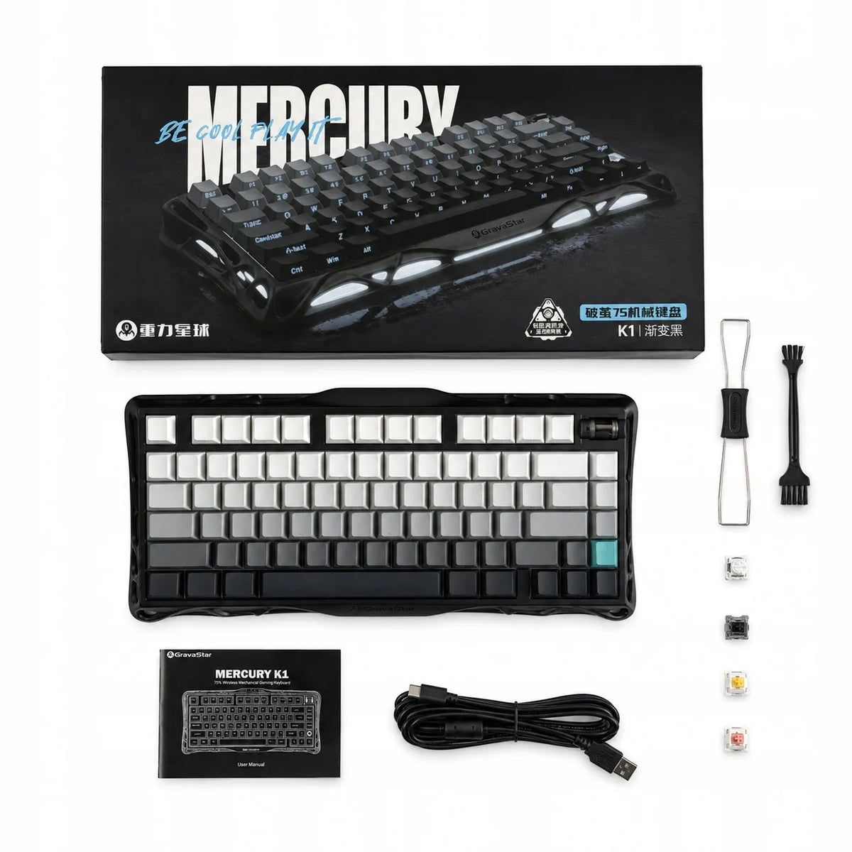 „GravaStar Mercury K1“ mechaninė klaviatūra, 75 %, „Tri-Mode“, RGB, „Gradient Black“