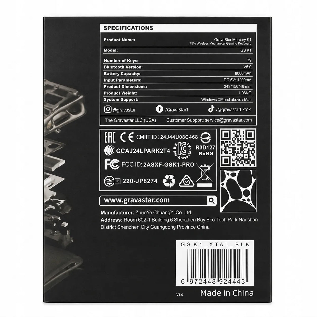 GravaStar Mercury K1 mechaninė klaviatūra, 75 %, Tri-Mode, RGB, Stealth Black
