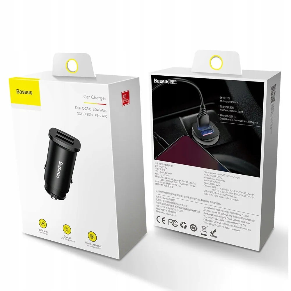 Greitas automobilinis įkroviklis BASEUS 2x USB QC 30W LED aliuminis