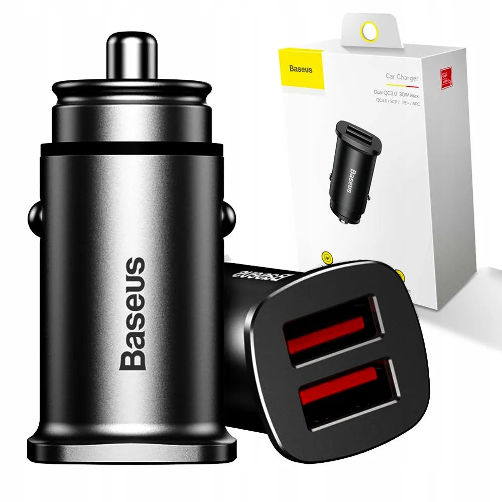 Greitas automobilinis įkroviklis BASEUS 2x USB QC 30W LED aliuminis