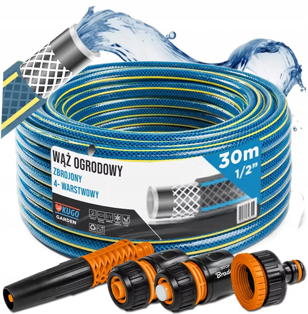 Guminė sodo žarna 1/2" 30m, 4 sluoksnių + purkštuvas ir jungtys, BRADAS rinkinys