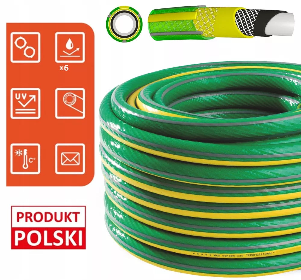 Guminė sodo žarna 1/2" 50m, 6 sluoksnių, sustiprinta, 36 bar, pagaminta Lenkijoje
