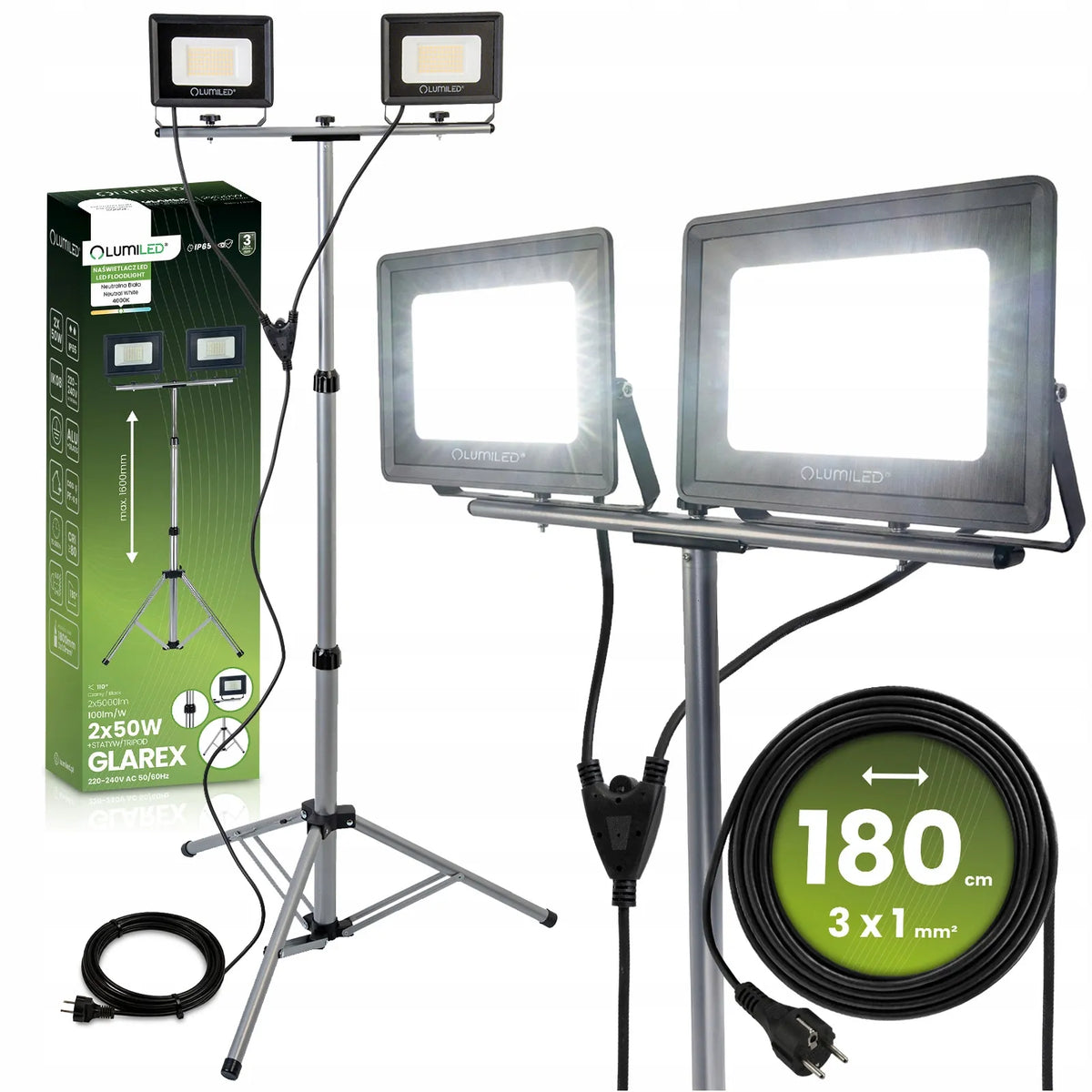 HALOGENŲ RINKINYS LED prožektorius LEMPA su stovu 2x 50W darbo statybinis galingas