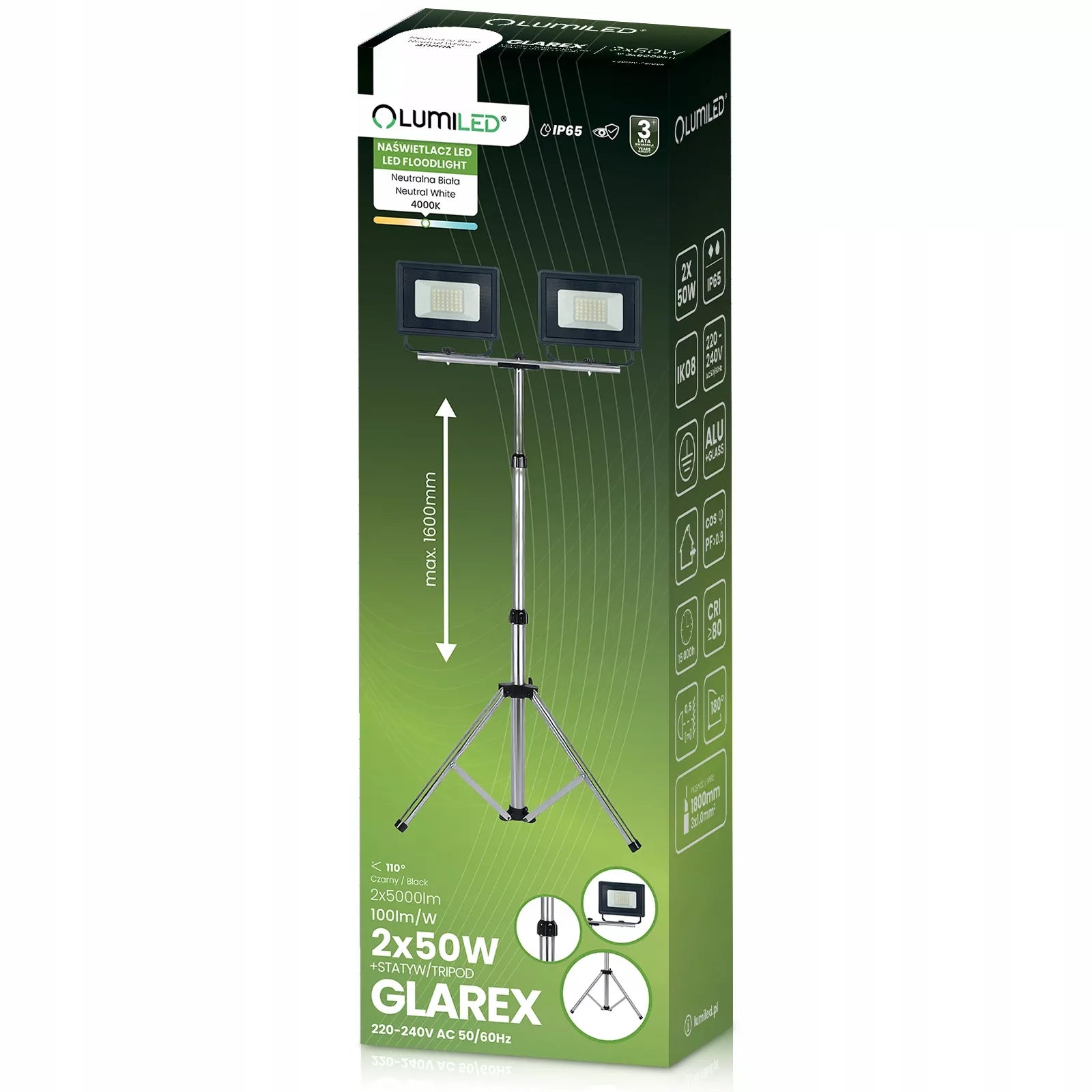 HALOGENŲ RINKINYS LED prožektorius, stovas 2x50W darbo statybinis galingas