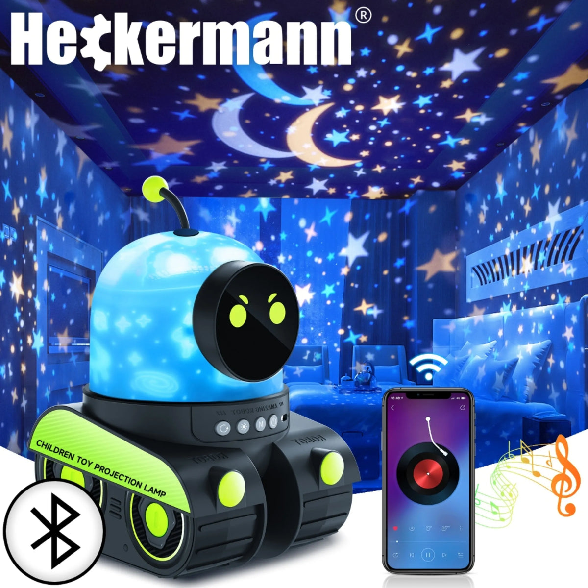 Heckermann žvaigždžių projektorius vaikams, LED naktinė lemputė „Robot“, kosmoso motyvai, 2 viename, su muzika