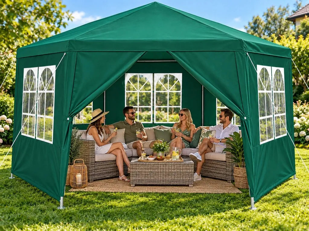 „Holla Garden“ žalias sodo paviljonas-palapinė 4 × 4 m, šešiakampis, su 6 sienelėmis