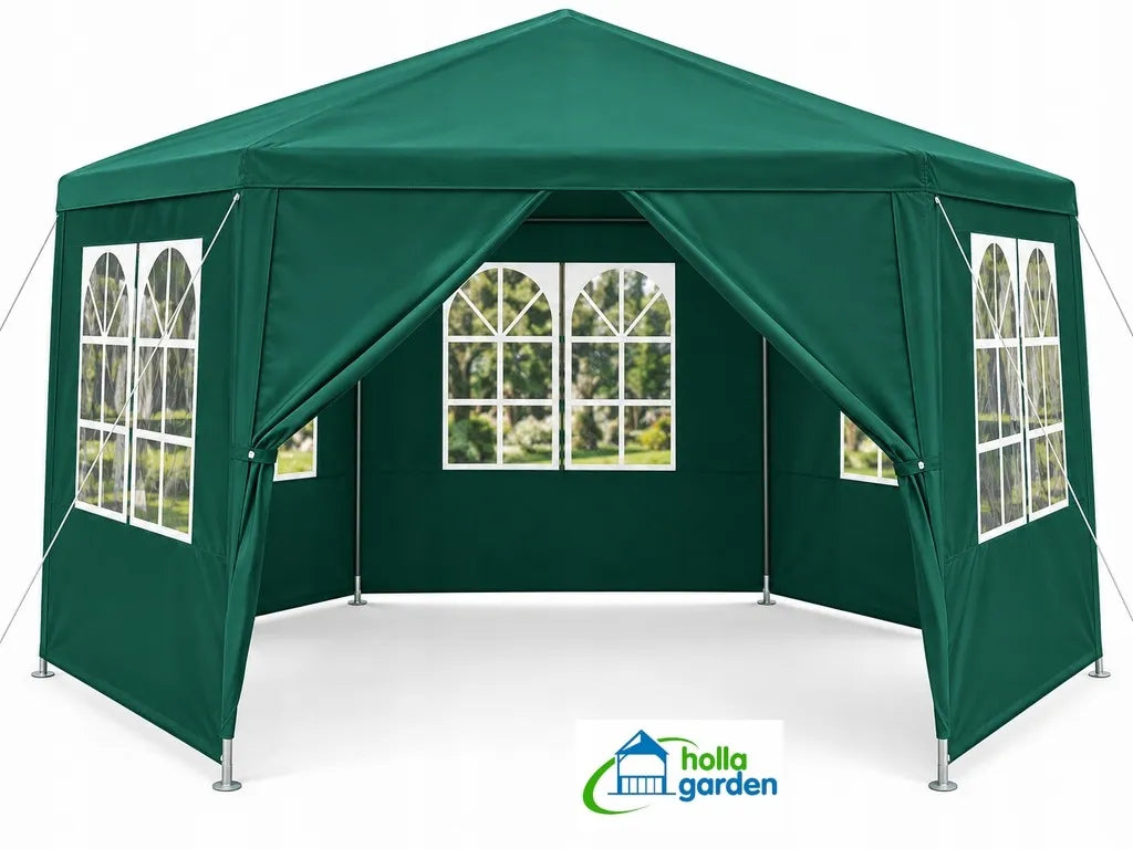 „Holla Garden“ žalias sodo paviljonas-palapinė 4 × 4 m, šešiakampis, su 6 sienelėmis