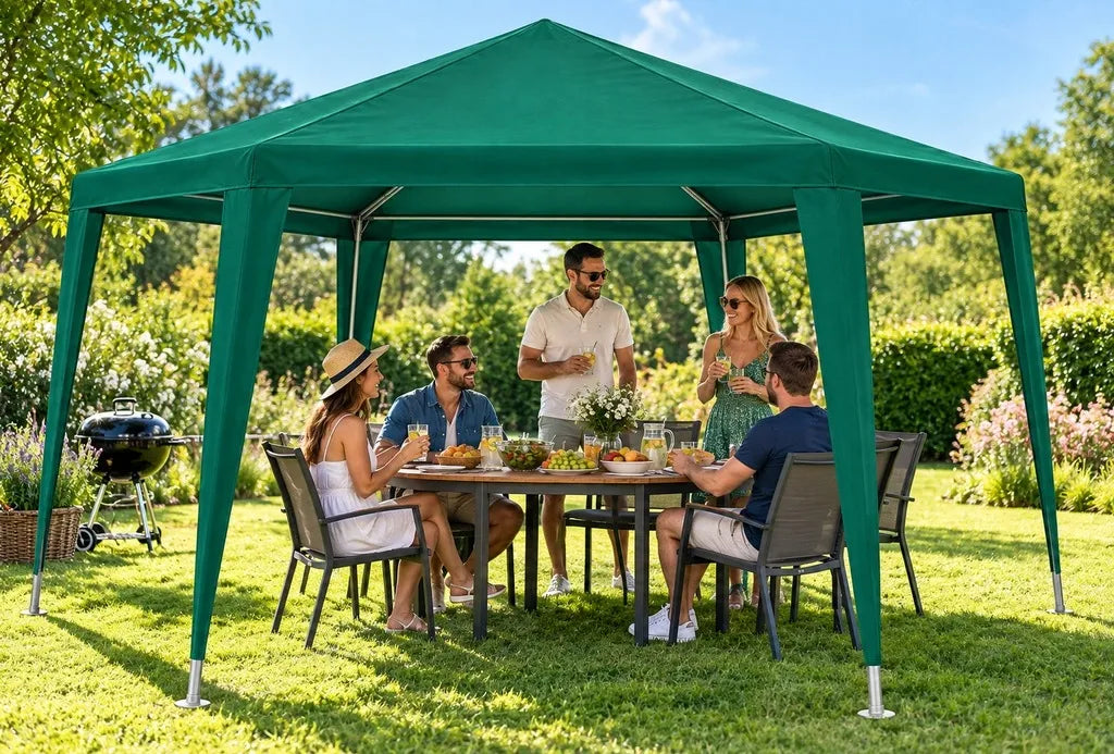 „Holla Garden“ žalias sodo paviljonas-palapinė 4 × 4 m, šešiakampis, su 6 sienelėmis