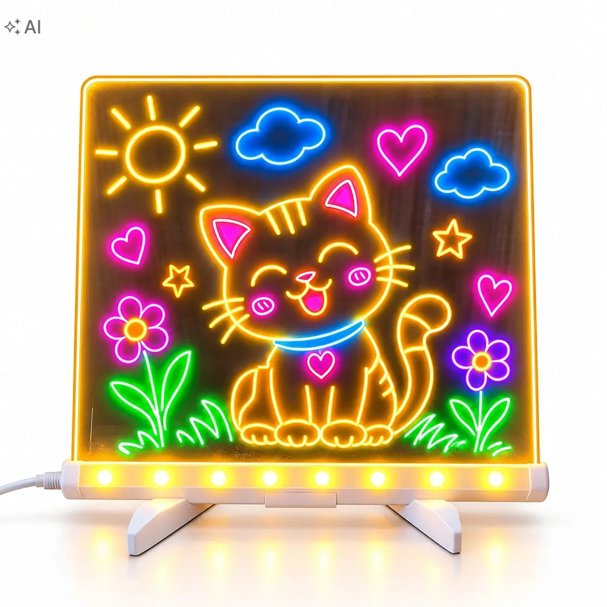 HollaKids apšviečiama LED piešimo lenta vaikams, 20 × 20 cm, 7 flomasteriai, USB
