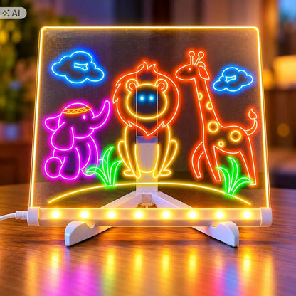 HollaKids apšviečiama LED piešimo lenta vaikams, 20 × 20 cm, 7 flomasteriai, USB