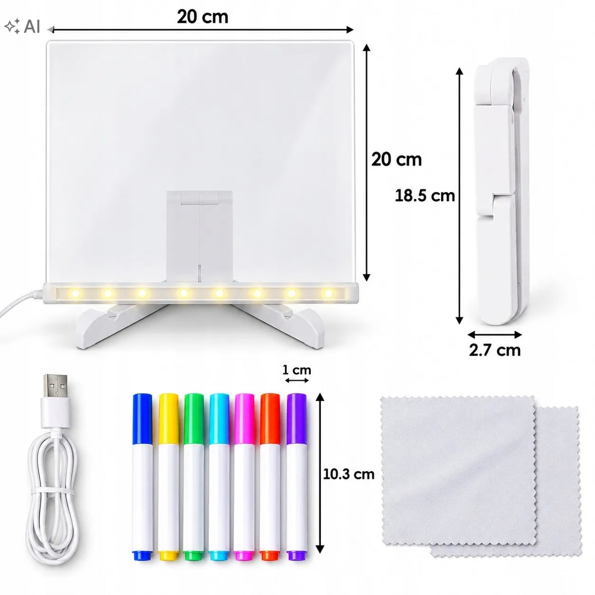 HollaKids apšviečiama LED piešimo lenta vaikams, 20 × 20 cm, 7 flomasteriai, USB