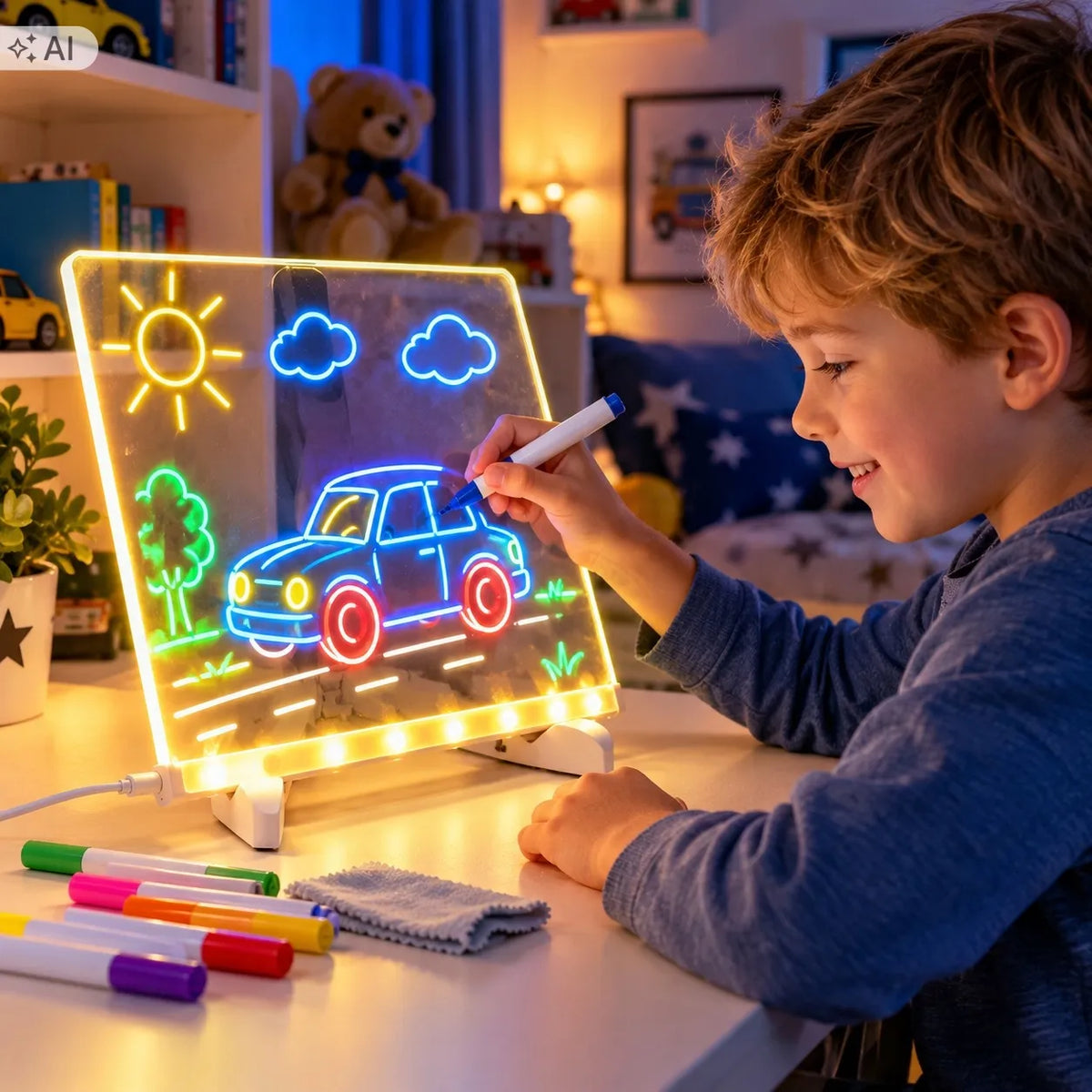 HollaKids apšviečiama LED piešimo lenta vaikams, 20 × 20 cm, 7 flomasteriai, USB