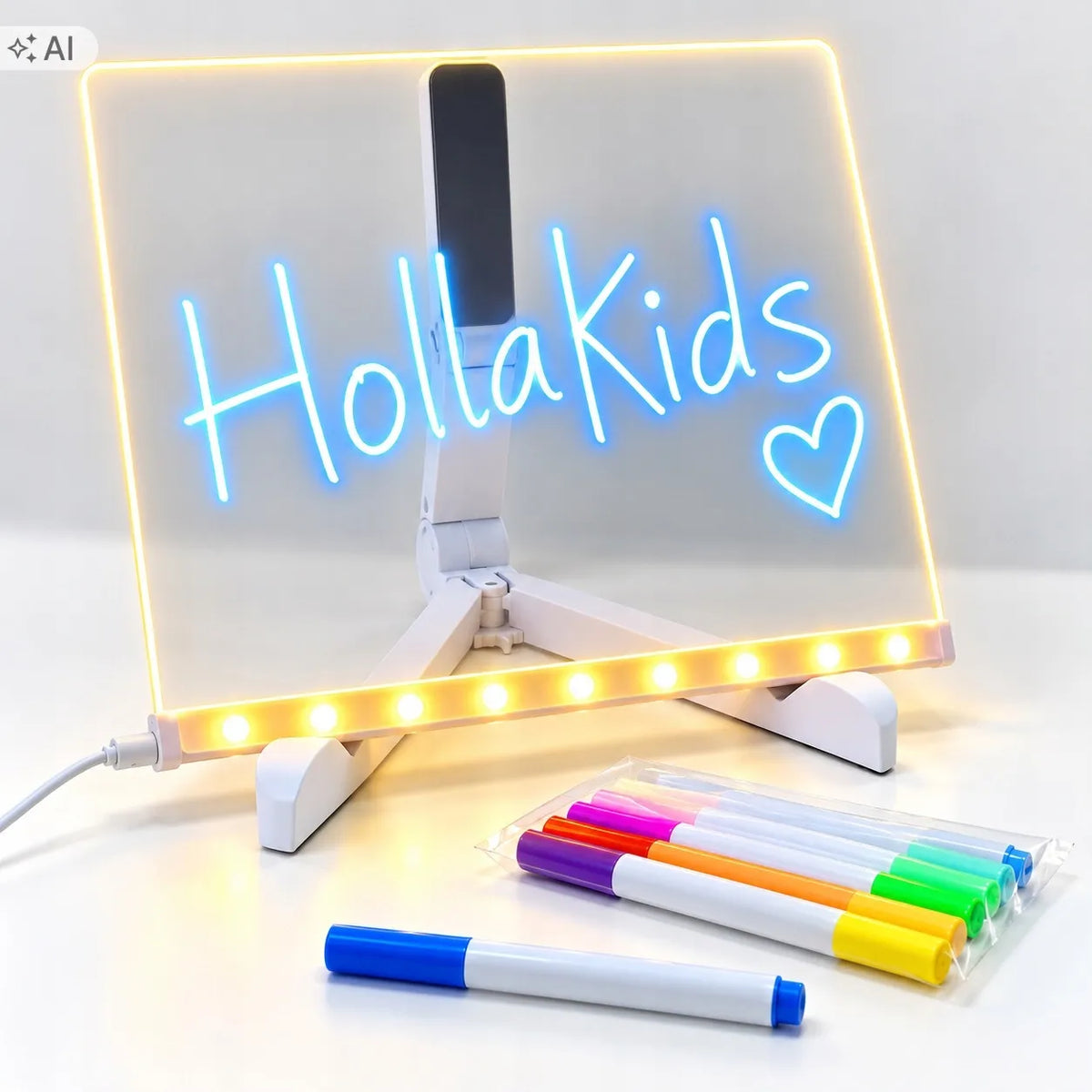 HollaKids apšviečiama LED piešimo lenta vaikams, 20 × 20 cm, 7 flomasteriai, USB