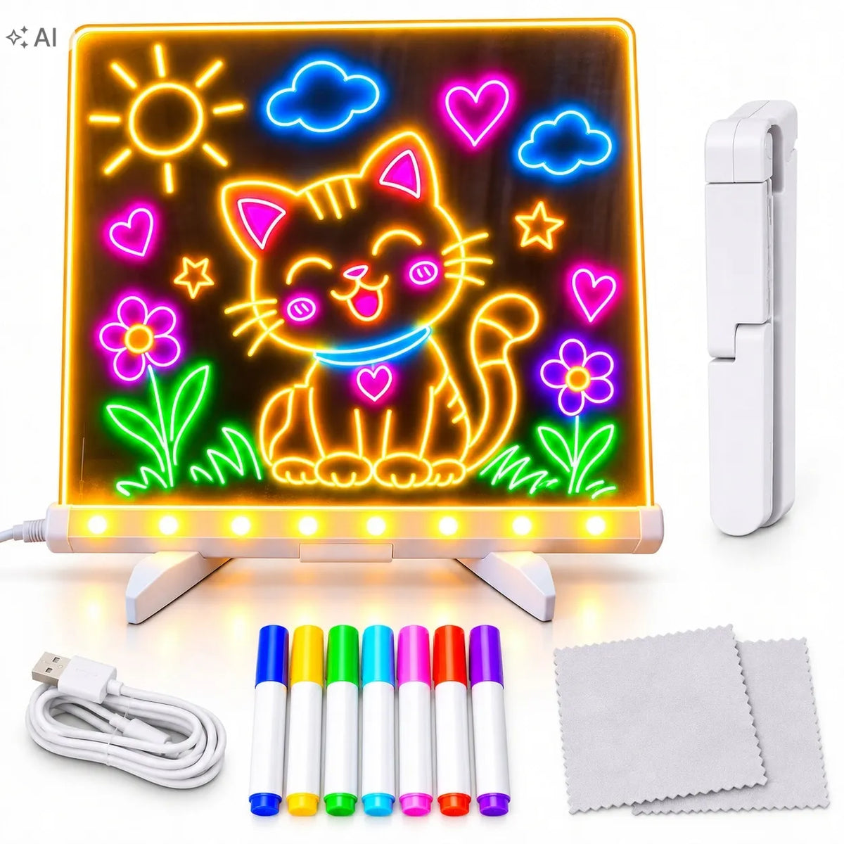 HollaKids apšviečiama LED piešimo lenta vaikams, 20 × 20 cm, 7 flomasteriai, USB