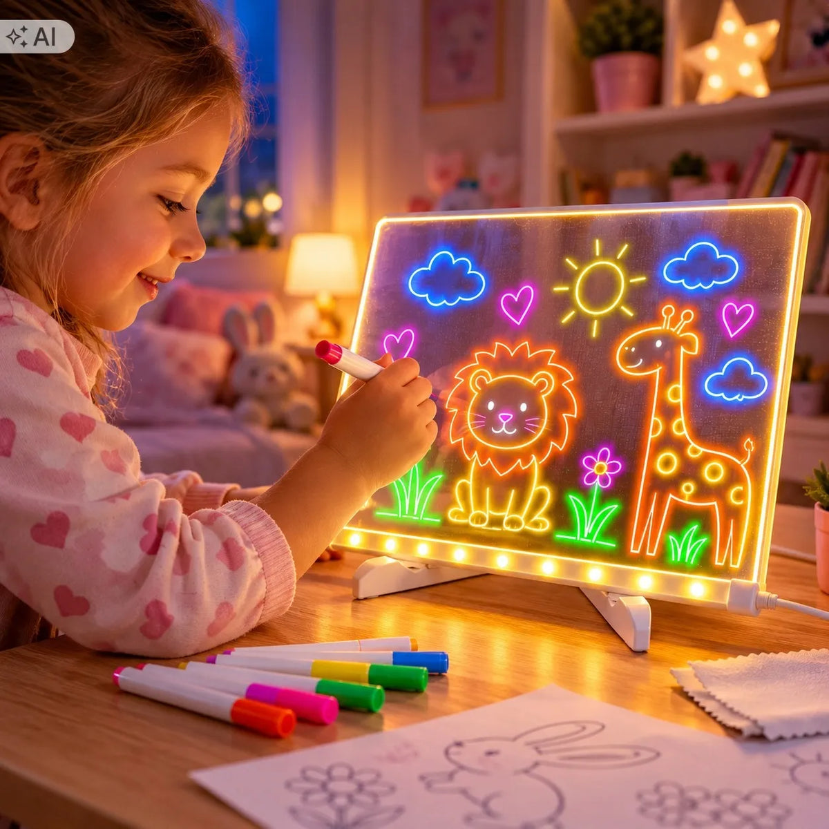 HollaKids apšviečiama LED piešimo lenta vaikams, 20 × 20 cm, 7 flomasteriai, USB