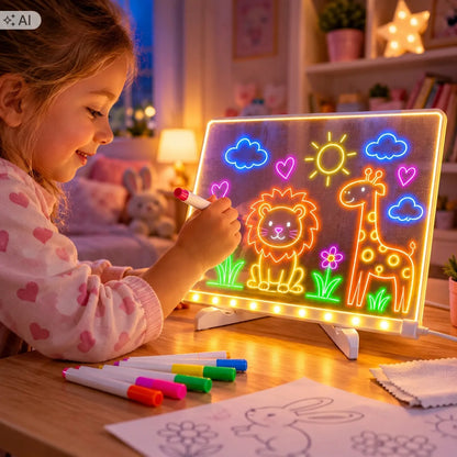 HollaKids apšviečiama LED piešimo lenta vaikams, 20 × 20 cm, 7 flomasteriai, USB