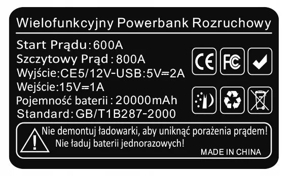 Homkel galingas automobilinis užvedimo įrenginys ir išorinė baterija, 12 V, 20 000 mAh