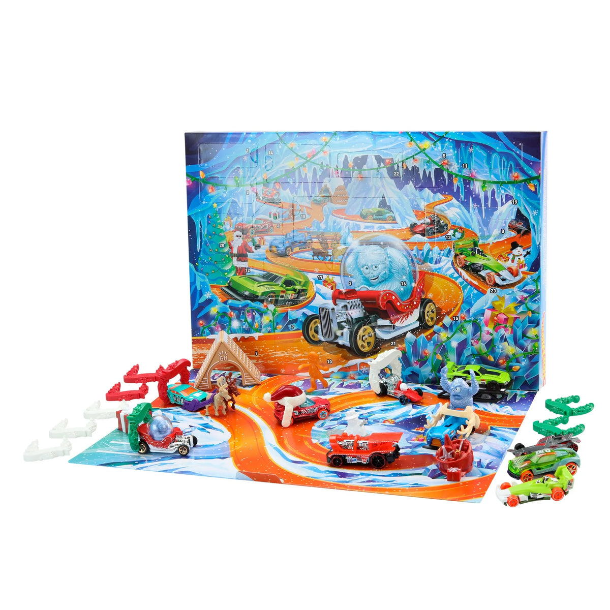 „Hot Wheels“ 2026 m. advento kalendorius, 10 automobilių 1:64 ir aksesuarai