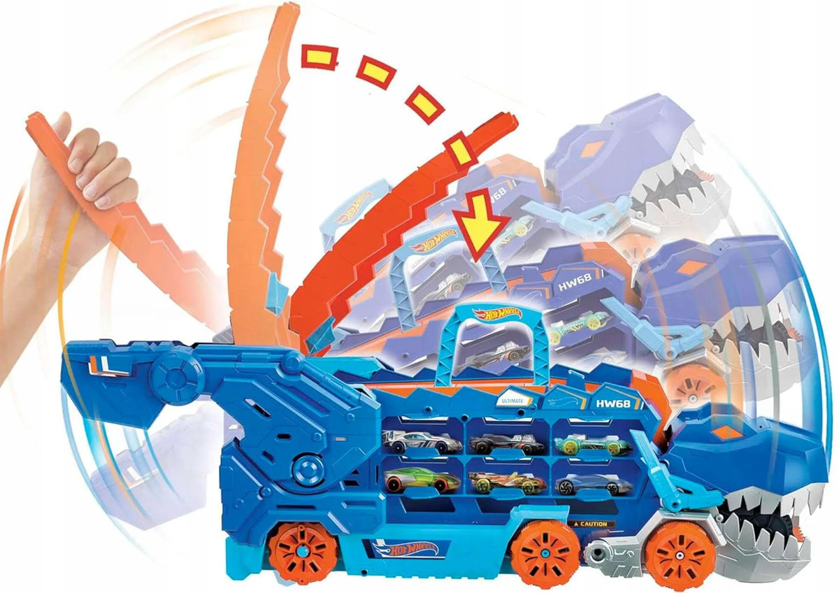 „Hot Wheels“ T-rekso mega transporteris su lenktynių trasa ir 2 automobiliukais
