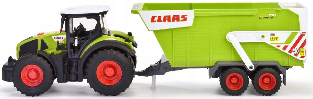 Interaktyvus „Claas“ traktorius su priekaba, 64 cm, ir dinozaurų figūrėlės dėžutėje