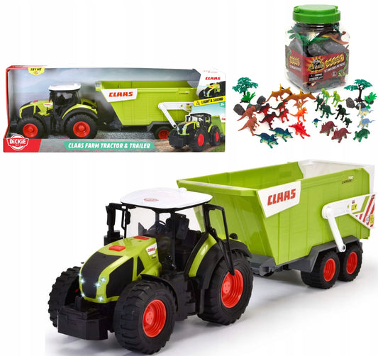 Interaktyvus „Claas“ traktorius su priekaba, 64 cm, ir dinozaurų figūrėlės dėžutėje