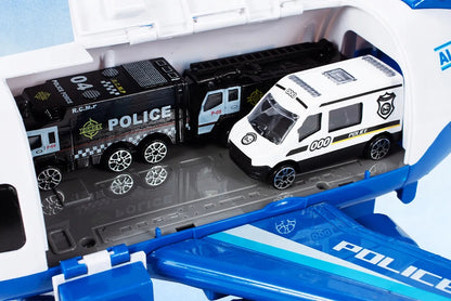 Interaktyvus policijos lėktuvas su policijos transporto priemonėmis, atidaromas oro uostas