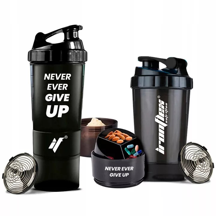 IRONFLEX gertuvė 500 ml sandarus plaktuvas sporto salei su indeliu baltymams
