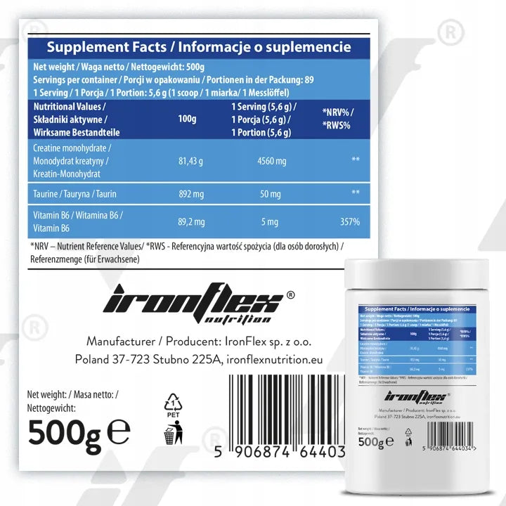 IronFlex kreatino monohidratas, 500 g, natūralaus skonio, milteliai