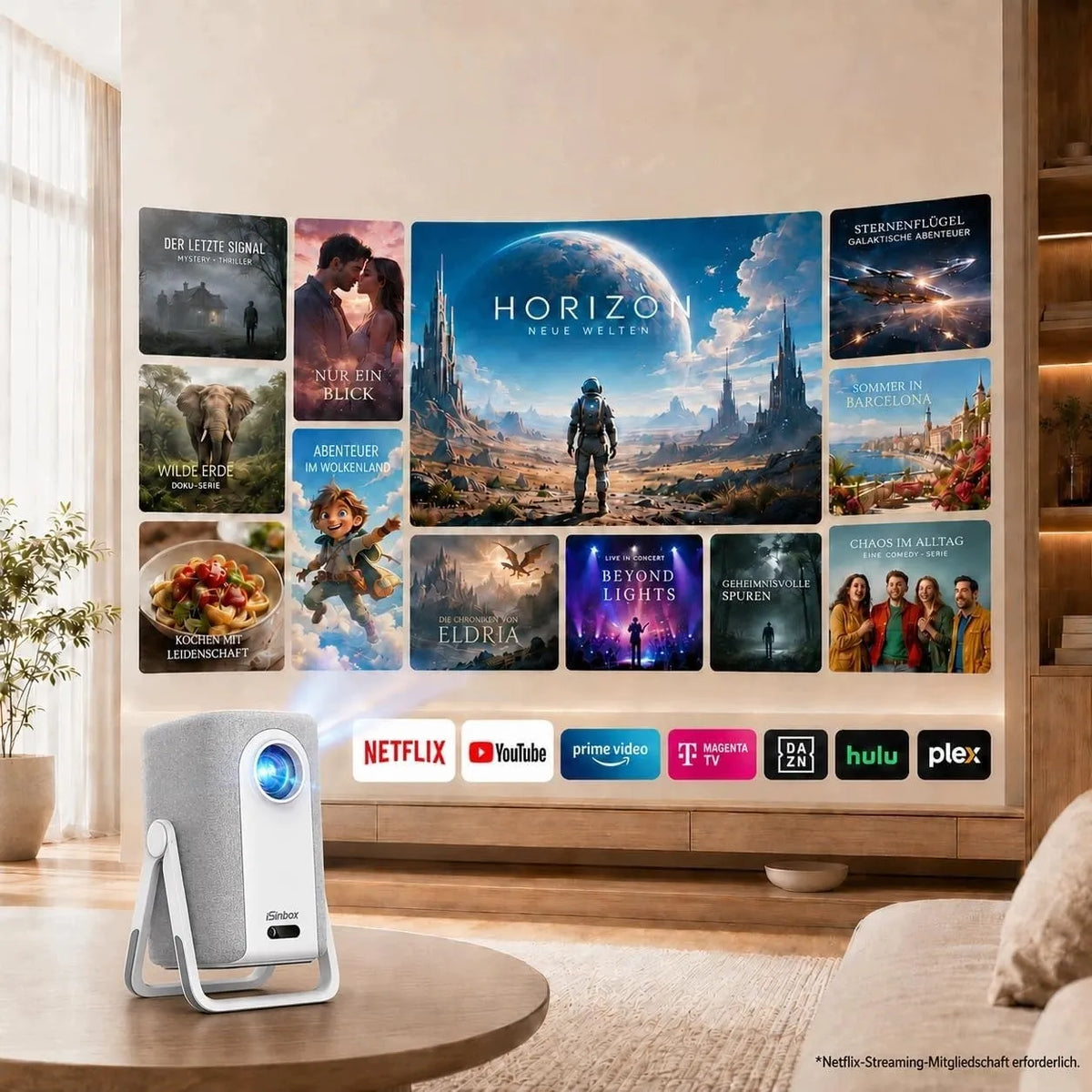 „iSinbox“ 4K projektorius su „Wi-Fi“, „Bluetooth“ ir automatiniu fokusavimu, „Netflix“, „YouTube“, „Prime Video“ bei „Dolby“