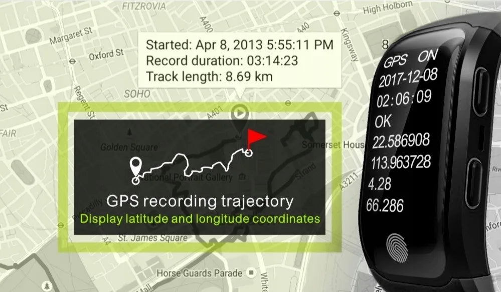 Išmanioji apyrankė, turistinė GPS smartapyrankė, HR monitoriaus programa, TFT ekranas, juoda