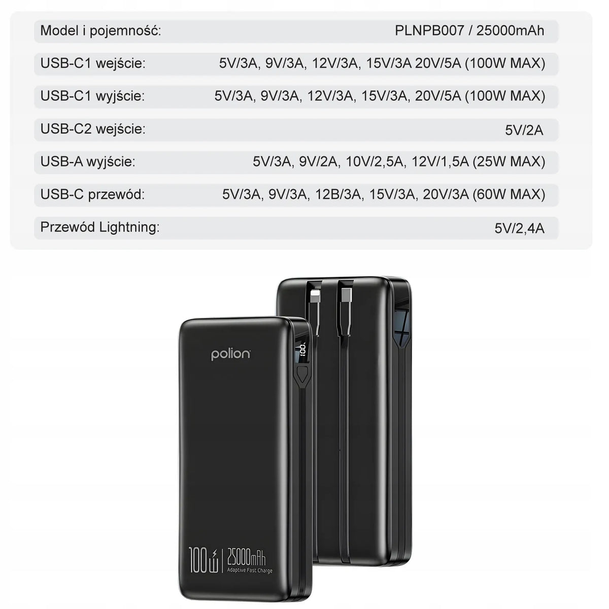 Išorinė baterija Polion 25000mAh 100W greitas įkrovimas USB-C PD QC