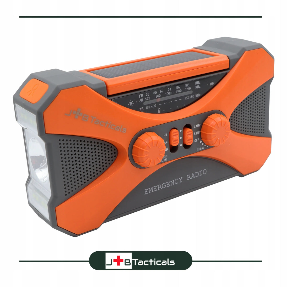 JB Tacticals JB-03 oranžinis nešiojamasis avarinis AM/FM radijas su saulės baterija, rankine dinamo rankenėle, išoriniu akumuliatoriumi ir LED žibintuvėliu