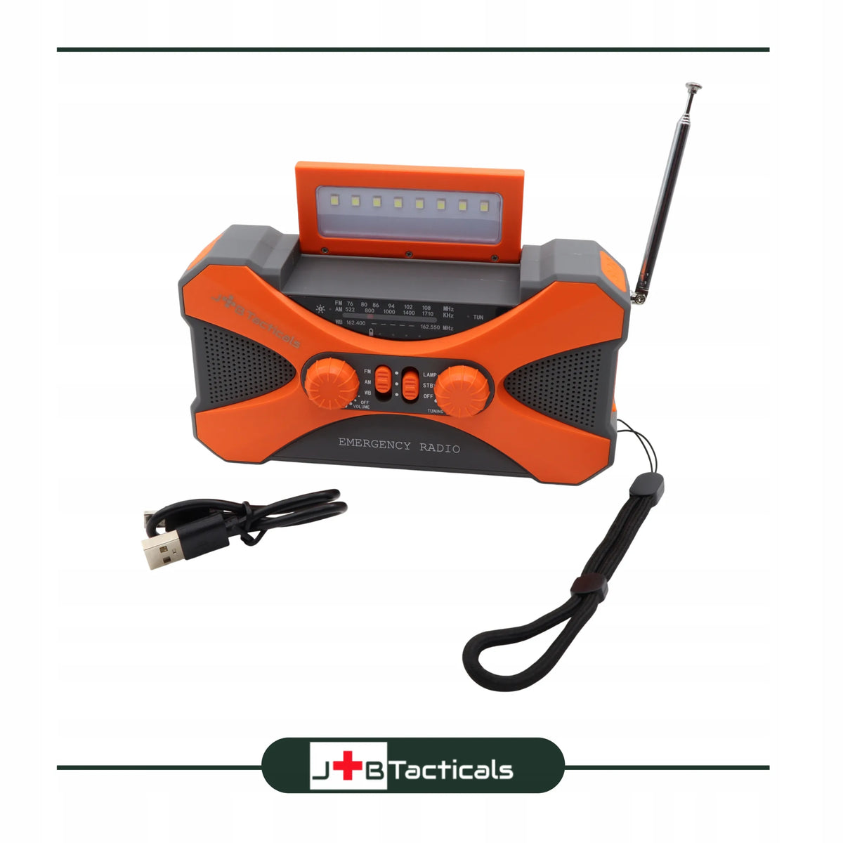 JB Tacticals JB-03 oranžinis nešiojamasis avarinis AM/FM radijas su saulės baterija, rankine dinamo rankenėle, išoriniu akumuliatoriumi ir LED žibintuvėliu