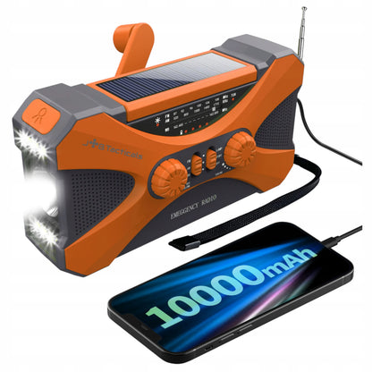 JB Tacticals JB-03 oranžinis nešiojamasis avarinis AM/FM radijas su saulės baterija, rankine dinamo rankenėle, išoriniu akumuliatoriumi ir LED žibintuvėliu