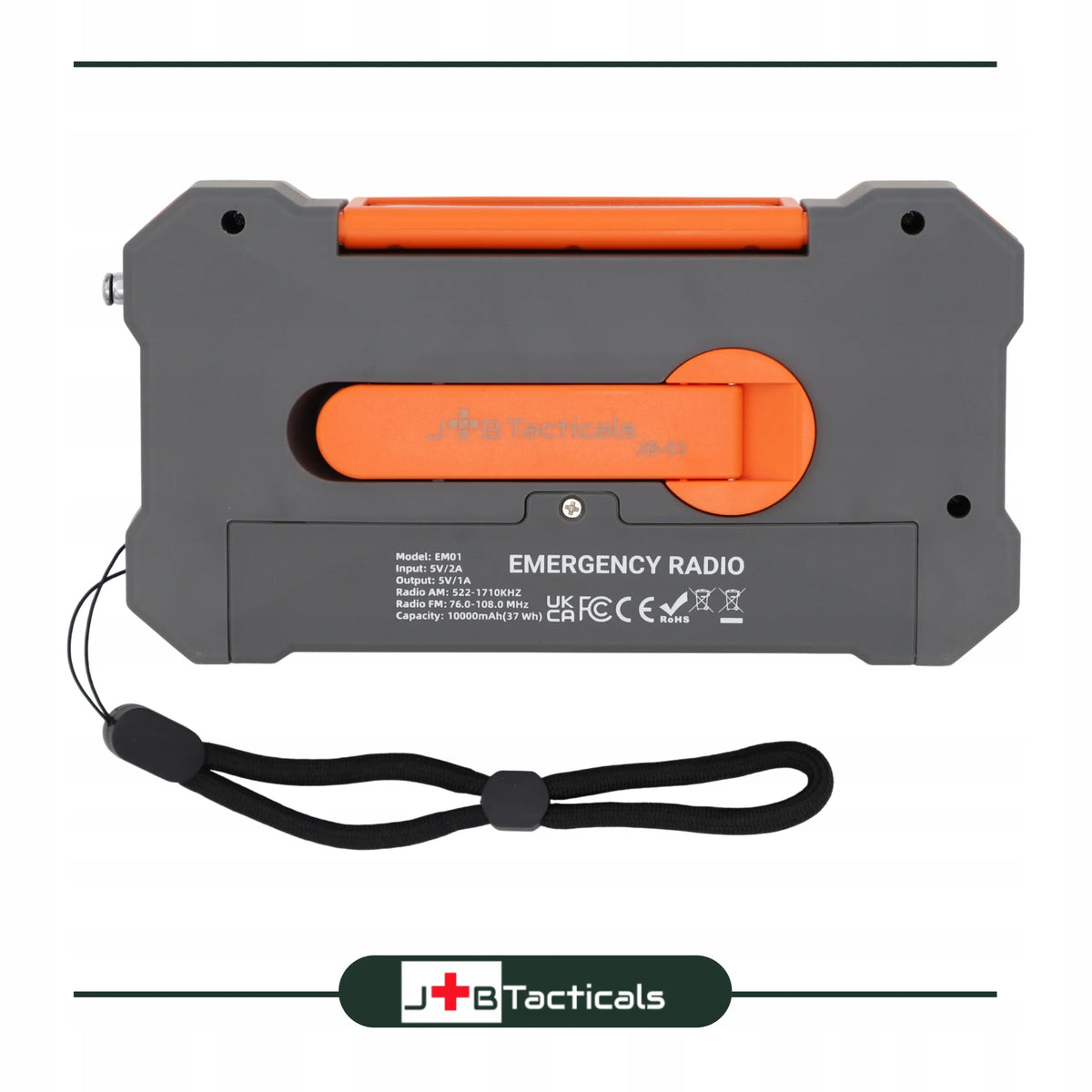 JB Tacticals JB-03 oranžinis nešiojamasis avarinis AM/FM radijas su saulės baterija, rankine dinamo rankenėle, išoriniu akumuliatoriumi ir LED žibintuvėliu