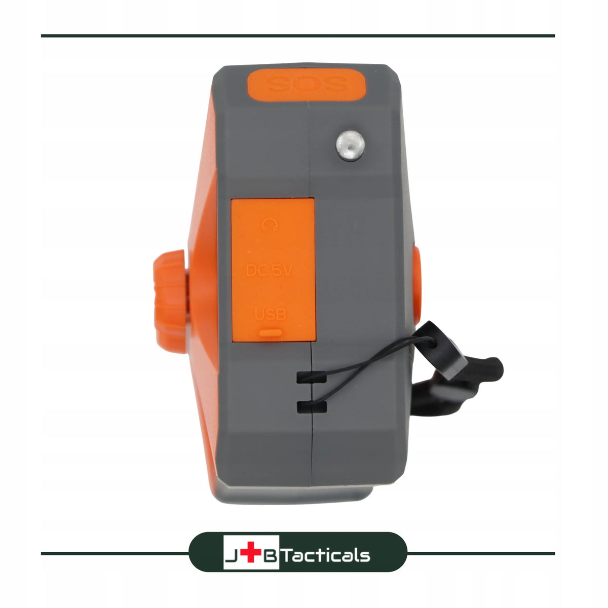 JB Tacticals JB-03 oranžinis nešiojamasis avarinis AM/FM radijas su saulės baterija, rankine dinamo rankenėle, išoriniu akumuliatoriumi ir LED žibintuvėliu