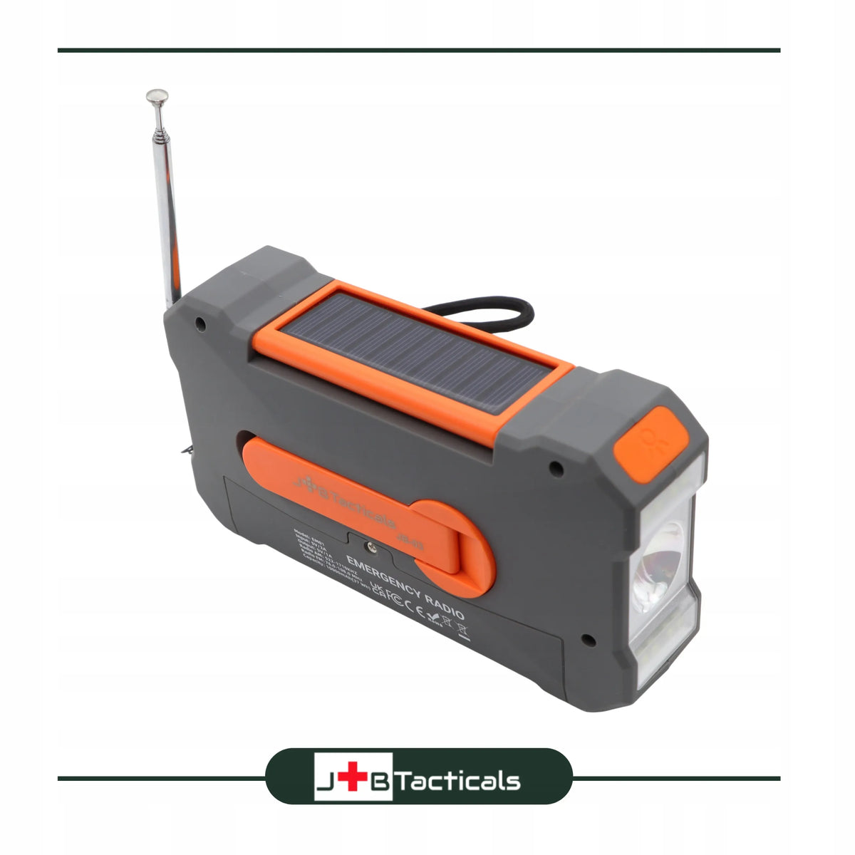 JB Tacticals JB-03 oranžinis nešiojamasis avarinis AM/FM radijas su saulės baterija, rankine dinamo rankenėle, išoriniu akumuliatoriumi ir LED žibintuvėliu