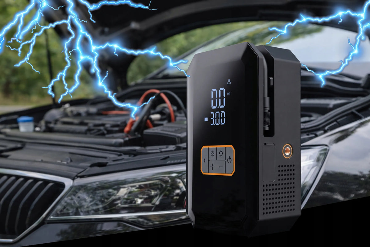 JUMP STARTER BOOSTER 16000 mAh ORO KOMPRESORIUS 150 PSI 10,3 BAR PROŽEKTORIUS POWERBANK