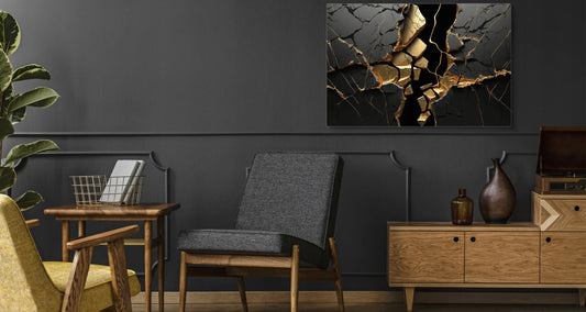 Juodai auksinis marmuro abstraktus paveikslas ant drobės svetainei, 120 × 80 cm