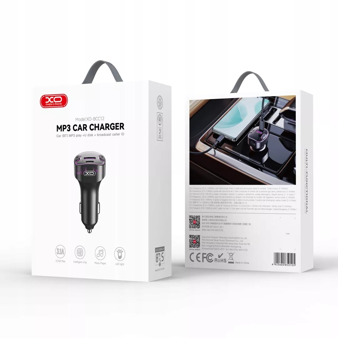 Juodas „XO“ FM transmiteris BCC12 „Bluetooth“, MP3, automobilinis įkroviklis 3,1 A