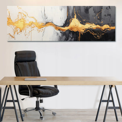 Juodos ir auksinės abstrakcijos paveikslas ant drobės svetainei, miegamajam ir virtuvei, XXL, 145 x 45 cm
