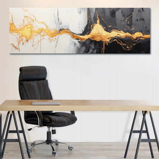 Juodos ir auksinės abstrakcijos paveikslas ant drobės svetainei, miegamajam ir virtuvei, XXL, 145 x 45 cm