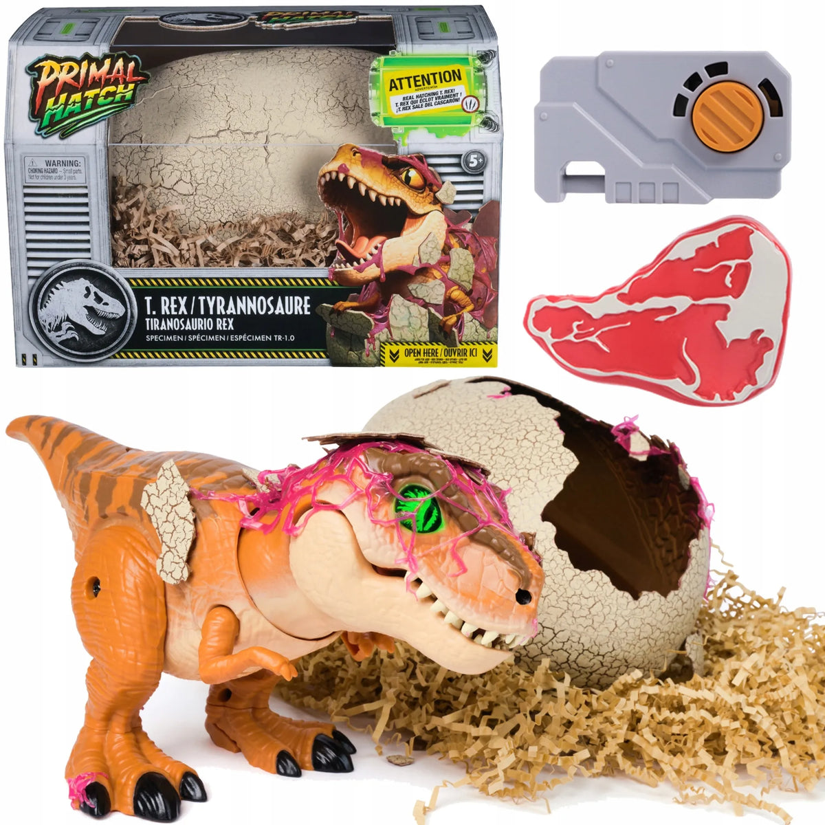 „Jurassic World Primal Hatch“ interaktyvus T-Rex dinozauras, išsiritantis iš kiaušinio
