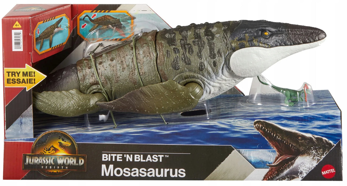 Jurassic World Rebirth didelė dinozauro figūrėlė – mosazauro puolimas nasrais, 65 cm